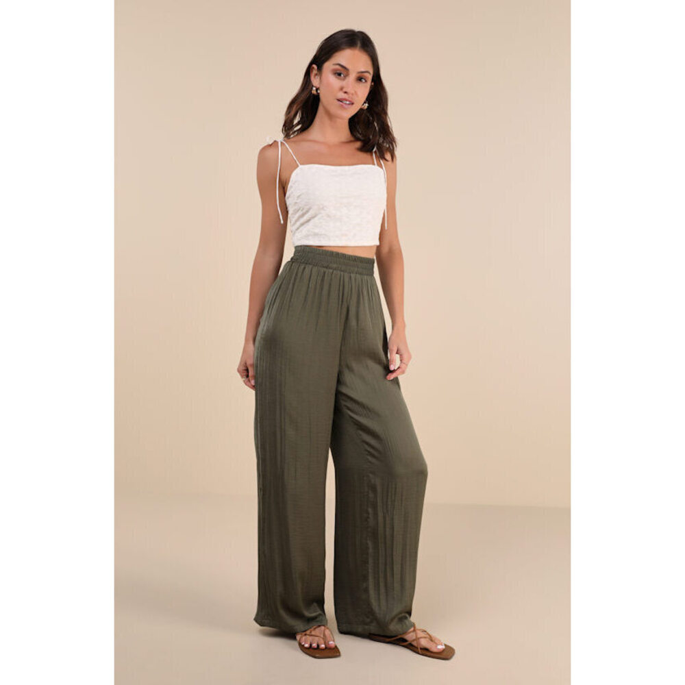 Lulus Breezy Decision Olive Green Crinkled High-waisted Wide-leg Pants - Size S